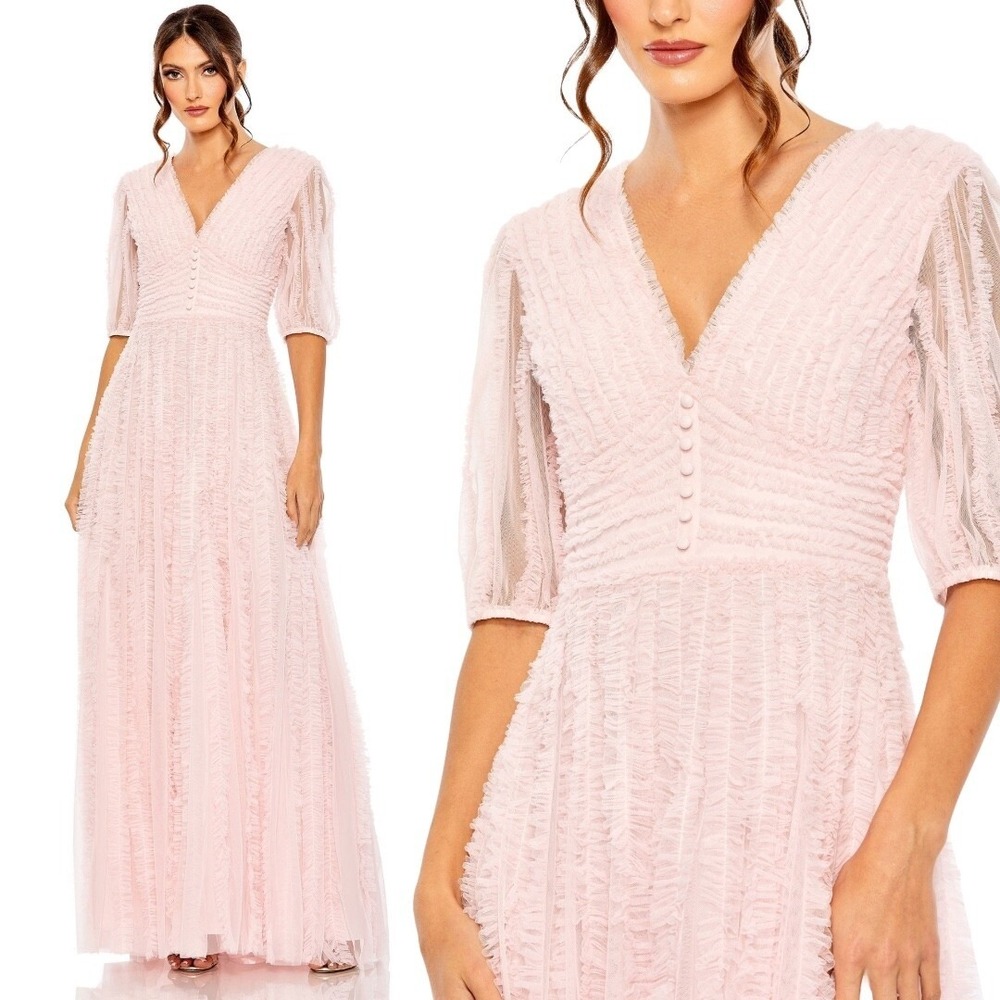 NEW Mac Duggal Pink V-Neck Puff Sleeve Ruffle Tiered A Line Gown $598 - Size 10